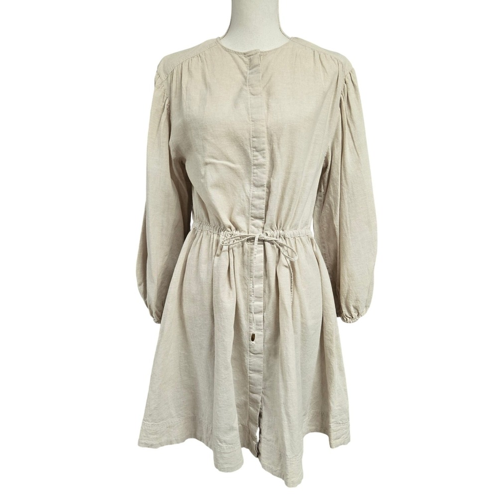 H&M Linen Blend Button Front Puff Sleeve Dress Drawstring Waist Beige Women's XS